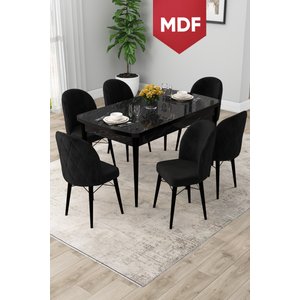 Rut Serisi Açılabilir Mdf 80x132 Siyah Mermer Desen Yemek Odası Takımı Ve 6 Siyah Sandalye