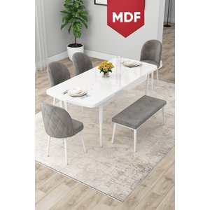 Rut Serisi Açılabilir Mdf 80x132 Beyaz Mutfak Masası Takımı 4 Gri Sandalye 1 Bench
