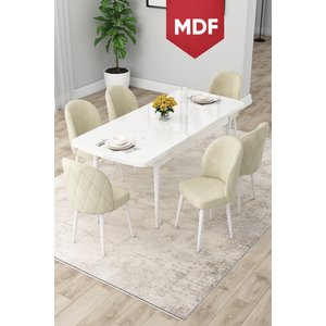 Rut Serisi Açılabilir Mdf 80x132 Beyaz Yemek Odası Takımı Ve 6 Krem Sandalye