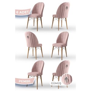 Ritim Serisi 6 Adet Pembe Sandalye 1.sınıf Babyface Ithal Kumaş Doğal Ahşap Ayak Gümüş Halkalı