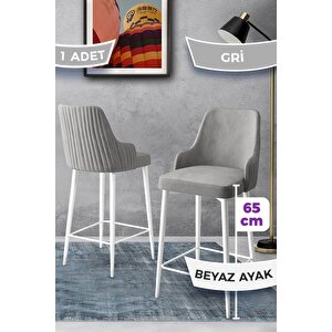 Tera Serisi 1 Adet 65 Cm Gri Ada Mutfak Bar Sandalyesi Babyface Kumaş Beyaz Metal Ayaklı
