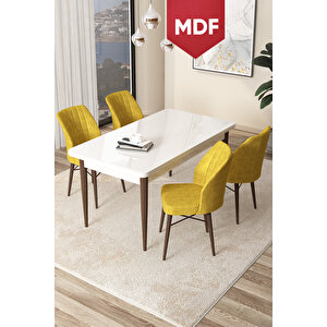 Arp Serisi 70x110 Mdf Sabit Mutfak Masası Takımı Beyaz Ceviz Masa 4 Hardal Sandalye
