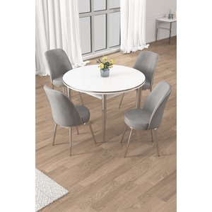 Osle Serisi 90x90 Beyaz Mutfak Masa Takımı 4 Sandalye Krom Detay