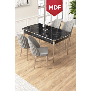 Edaf Serisi 80x132 Mdf Açılabilir Siyah Mermer Desen Mutfak Masa Takımı 4 Gri Sandalye Krom Detay