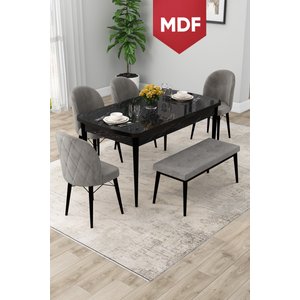 Rut Serisi Açılabilir Mdf 80x132 Siyah Mermer Desen Yemek Odası Takımı 4 Gri Sandalye 1 Bench