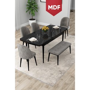 Rut Serisi Açılabilir Mdf 80x132 Siyah Mermer Desen Yemek Odası Takımı 4 Gri Sandalye 1 Bench