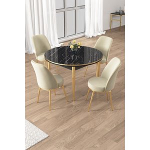 Osle Serisi 90x90 Yuvarlak Siyah Mermer Desen Mutfak Masa Takımı 4 Sandalye Gold Detay