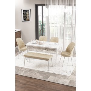 Zen Serisi 80x132 Mdf Açılabilir Beyaz Mermer Desen Masa Takımı 4 Krem Sandalye Ve 1 Bench