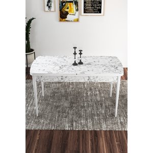 Zen Serisi 80x132 Mdf Açılabilir Beyaz Mermer Desen Masa Takımı 4 Krem Sandalye Ve 1 Bench