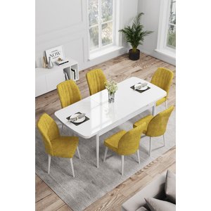 Rio Serisi 80x132 Açılabilir Mdf Mutfak Masası Takımı Beyaz Masa 8 Hardal Sandalye