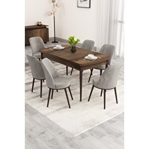 Nix Serisi Açılabilir 70x114 Barok Ahşap Desen Mutfak Masası Takımı Ve 6 Gri Sandalye