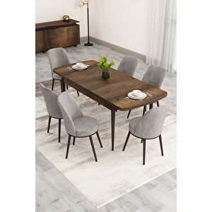 Nix Serisi Açılabilir 70x114 Barok Ahşap Desen Mutfak Masası Takımı Ve 6 Gri Sandalye