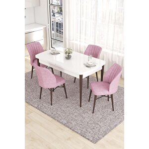 Eva Serisi 80x132 Açılabilir Mdf Mutfak Masası Takımı Beyaz Ceviz Masa 4 Pembe Sandalye