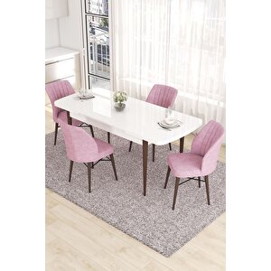 Eva Serisi 80x132 Açılabilir Mdf Mutfak Masası Takımı Beyaz Ceviz Masa 4 Pembe Sandalye