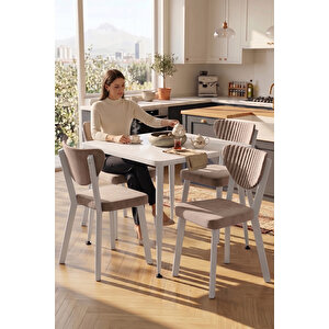 Estro Serisi Mdf Sabit 90x90 Beyaz Mutfak Masası Takımı 4 Adet Cappucino Sandalye
