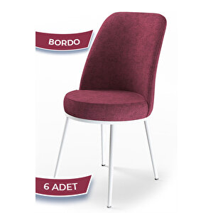 Dexa Serisi, Üst Kalite Mutfak Sandalyesi, 6 Adet Bordo Sandalye, Metal Beyaz Iskeletli
