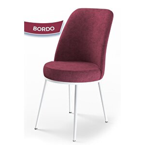 Dexa Serisi, Üst Kalite Mutfak Sandalyesi, 6 Adet Bordo Sandalye, Metal Beyaz Iskeletli