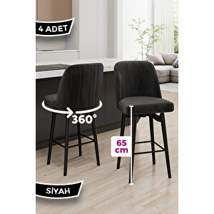 Evax Serisi 4 Adet Siyah Bar Sandalyesi 360°c Döner Bar Sandalyesi Babyface Kumaş Siyah Metal Ayaklı