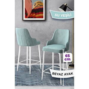 Tera Serisi 4 Su Yeşili Sandalye 65 Cm Ada Mutfak Bar Sandalyesi Babyface Kumaş Beyaz Metal Ayaklı