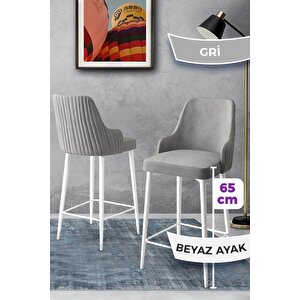 Tera Serisi 4 Gri Sandalye 65 Cm Ada Mutfak Bar Sandalyesi Babyface Kumaş Beyaz Metal Ayaklı