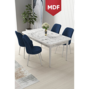 Nil Serisi 70x110 Mdf Sabit Mutfak Masası Takımı Beyaz Mermer Desen Masa 4 Lacivert Sandalye