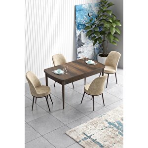 Han Serisi 70x114, Açılabilir Mdf Mutfak Masa Takımı, Barok Ahşap Desen Masa Ve 4 Krem Sandalye