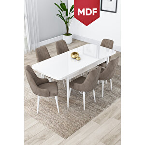 Lia Serisi, 80x132 Mdf Açılabilir Mutfak Masa Takımı Beyaz Masa 6 Cappucino Sandalye