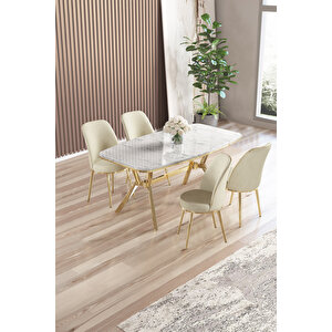 Lena Serisi 90x160 Lak Panel Beyaz Mermer Desen Gold Kaplama Ayaklı Masa Takımı Ve 4 Krem Sandalye