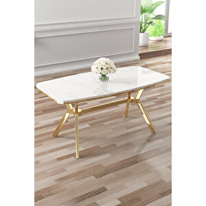 Lena Serisi 90x160 Lak Panel Beyaz Mermer Desen Gold Kaplama Ayaklı Masa Takımı Ve 4 Krem Sandalye