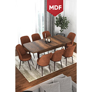 Via Serisi Mdf 80x132 Açılabilir Mutfak Masası Takımı Barok Desen Masa 8 Kiremit Sandalye