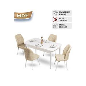 Mun Serisi 80x132 Açılabilir Mdf Beyaz Mutfak Masası Takımı Ve 4 Krem Sandalye