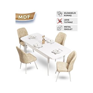 Mun Serisi 80x132 Açılabilir Mdf Beyaz Mutfak Masası Takımı Ve 4 Krem Sandalye