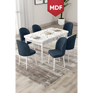Roe Serisi Açılabilir Mdf 80x132 Beyaz Mermer Desen Masa Takımı 6 Antrasit Sandalye