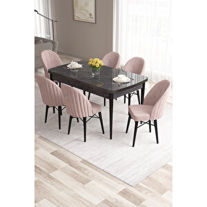 Roz Serisi 80x132 Açılabilir Mdf Siyah Mermer Desen Masa Takımı Ve 6 Pembe Sandalye