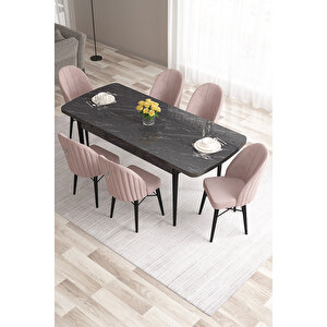 Roz Serisi 80x132 Açılabilir Mdf Siyah Mermer Desen Masa Takımı Ve 6 Pembe Sandalye