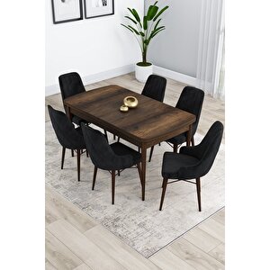 Kar Serisi, Barok Ahşap Desen Masa 80x132 Açılabilir Mdf Yemek Masası Takımı 6 Siyah Sandalye
