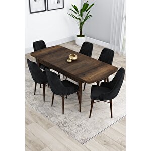 Kar Serisi, Barok Ahşap Desen Masa 80x132 Açılabilir Mdf Yemek Masası Takımı 6 Siyah Sandalye