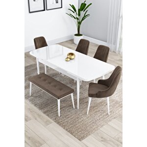 Eta Serisi, Beyaz Masa Kahve Ayak Açılabilir 80x132 Mdf Mutfak Masa Takımı, 4 Kahve Sandalye 1 Bench