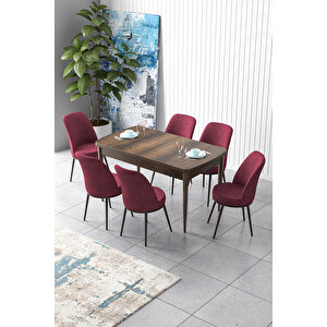 Zen Serisi 80x132 Mdf Açılabilir Barok Ahşap Desen Masa Takımı Ve 6 Bordo Sandalye