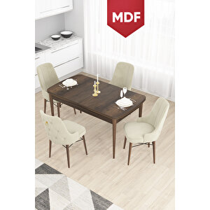 Taç Serisi Açılabilir Mdf Mutfak Masası Takımı 80x132 Barok Desen Masa 4 Krem Sandalye