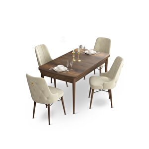 Taç Serisi Açılabilir Mdf Mutfak Masası Takımı 80x132 Barok Desen Masa 4 Krem Sandalye