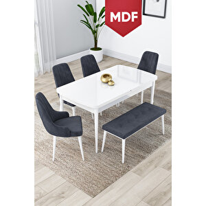 Lia Serisi 80x132 Mdf Açılabilir Mutfak Masası Takımı Beyaz Masa 4 Antrasit Sandalye 1 Bench