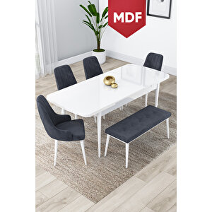 Lia Serisi 80x132 Mdf Açılabilir Mutfak Masası Takımı Beyaz Masa 4 Antrasit Sandalye 1 Bench