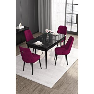 Noa Serisi, 80x132 Mdf Masa Takımı,siyah Mermer Desen Masa 4 Gri Sandalye Gümüş Halkalı
