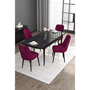 Noa Serisi, 80x132 Mdf Masa Takımı,siyah Mermer Desen Masa 4 Gri Sandalye Gümüş Halkalı