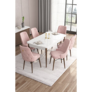 Are Serisi 80x132 Açılabilir Beyaz Masa Ceviz Ayaklı Masa Takımı Ve 6 Pembe Sandalye