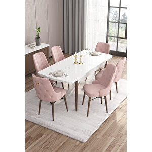 Are Serisi 80x132 Açılabilir Beyaz Masa Ceviz Ayaklı Masa Takımı Ve 6 Pembe Sandalye