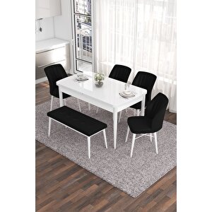 Eva Serisi 80x132 Açılabilir Mdf Mutfak Masası Takımı Beyaz Masa 4 Siyah Sandalye 1 Bench