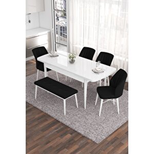 Eva Serisi 80x132 Açılabilir Mdf Mutfak Masası Takımı Beyaz Masa 4 Siyah Sandalye 1 Bench