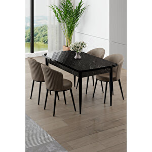 Asfel Serisi Mdf 77x130 Siyah Mermer Desen Yandan Açılabilir Mutfak Masa Takımı 4 Cappucino Sandalye